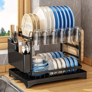 1pc Dish Drying Rack for Kitchen Counter Over The Sink, Detachable Larger Capacity 2-Tier Dish Drying Rack Drainboard with Double-Layer Bowl Rack, Cup Rack, Drain Board, Sticky Board Rack, Cutlery Rack, Black & White