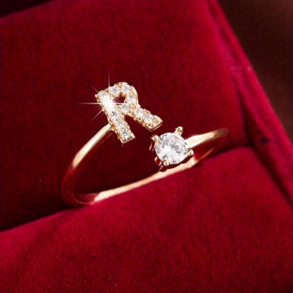 Adjustable Copper Ring With Four-claw Round Zirconia, Featuring The 26 English Letters Of Fashion Trend. - Image 30