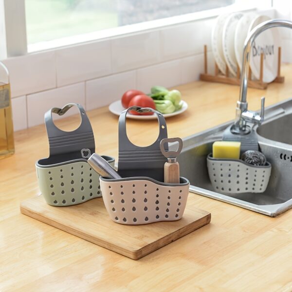 1pc Adjustable Sink Sponge Holder - Space-Saving Kitchen Organizer with Drain Basket, Beige & Gray, Perfect for Sponges, Brushes, and Small Items, Easy Faucet Installation - Image 2