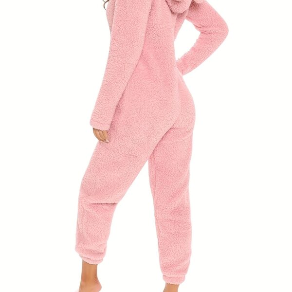 Fuzzy Hooded Pajama Jumpsuit For Music Festival, Comfy & Cute Long Sleeve Zipper Pajamas, Women's Lingerie & Sleepwear - Image 11