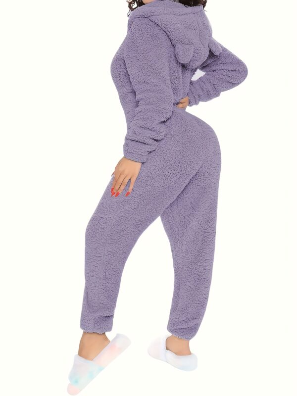 Fuzzy Hooded Pajama Jumpsuit For Music Festival, Comfy & Cute Long Sleeve Zipper Pajamas, Women's Lingerie & Sleepwear - Image 9