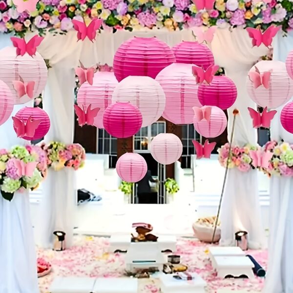 19pcs Pink Paper Lanterns, Pink Pom Poms, Pink Butterfly Garlands, Hanging Paper Balls, Lanterns, Garlands, Wedding Party Background Decoration, Suitable for Wedding Party Bride Bedroom Decoration, Wedding Banquet Decoration, Anniversary Decoration, Birth - Image 8