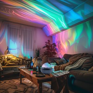 1pc USB-Powered LED Rainbow Light Projector - 360° Rotating Colorful Ambiance Lamp, Resin Material, Non-Rechargeable Button Battery, Ideal for Bedroom & Living Room Decoration, Unique Gift Idea