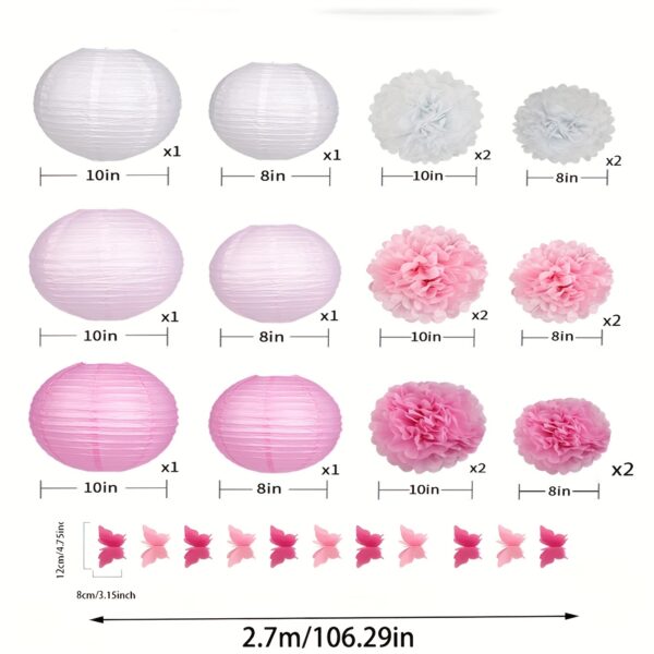 19pcs Pink Paper Lanterns, Pink Pom Poms, Pink Butterfly Garlands, Hanging Paper Balls, Lanterns, Garlands, Wedding Party Background Decoration, Suitable for Wedding Party Bride Bedroom Decoration, Wedding Banquet Decoration, Anniversary Decoration, Birth - Image 3