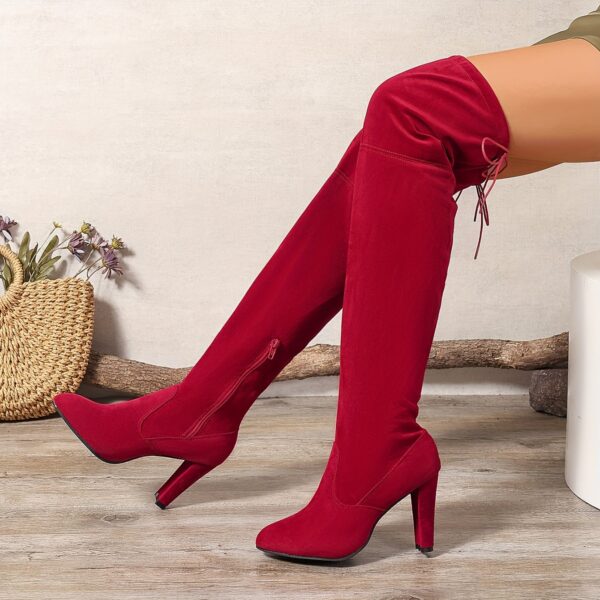 Women's Solid Color Block Heeled Boots, Fashion Side Zipper Dress Pumps, Stylish Over The Knee Boots - Image 3