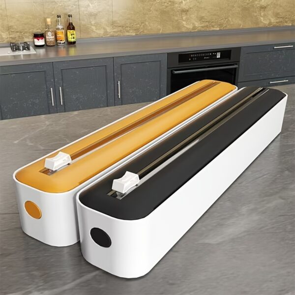 Dual-Action Fresh Wrap Dispenser & Cutter – Multi-Purpose Kitchen Sealer for Plastic, Tin Foil, Baking Paper & Wax Sheets – Reusable Packaging Machine with Orange Accents – Sleek White & Black Design, Kitchen Packaging Tool | Sleek Appliance Design | Dura