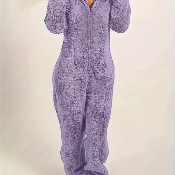 Fuzzy Hooded Pajama Jumpsuit For Music Festival, Comfy & Cute Long Sleeve Zipper Pajamas, Women's Lingerie & Sleepwear - Image 14