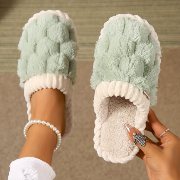 Colorblock Faux Fur Slippers, Casual Slip On Plush Lined Shoes, Comfortable Indoor Home Slippers - Image 2