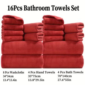 16pcs Bathroom Towel Set, Including 8 Washcloths + 4 Hand Towels + 4 Bath Towels, Solid Color Microfiber Material Hand Towel Bath Towel Set, Multi-color Optional, Good Water Absorption, Family Set, Suitable for Bathroom Shower, Hotel, Fitness, Sauna, Wash Cloths