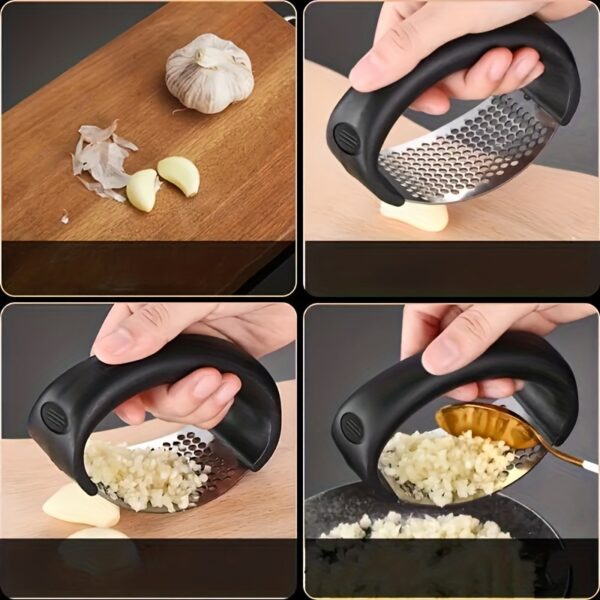 Stainless Steel Manual Garlic Press with Ergonomic Black Handle - Multi-Functional Kitchen Tool for Crushing Garlic, No Electricity Needed, Durable & Easy to Clean, Garlic Crusher - Image 7