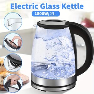 2L Electric Kettle Glass Quick Cook 360 Blue Led Light Portable Kettle 1800w Stainless Steel Quick Cook Element Portable Kettle Safe, Automatic Off, Dry Burning Protection, Suitable For Home Kitchen, Living Room, Coffee, Tea, Mother'S Day Gift