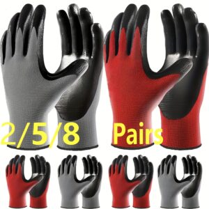 2/5/8 Pairs Unisex Gardening & Work Gloves - Breathable, Durable Nitrile Coating, Assorted Colors (Black, Red, Gray) for Home, Outdoor, Car Repair & DIY Projects, Cleaning Gloves | Textured Grip Gloves | Microfiber Polyester, Garden Gloves