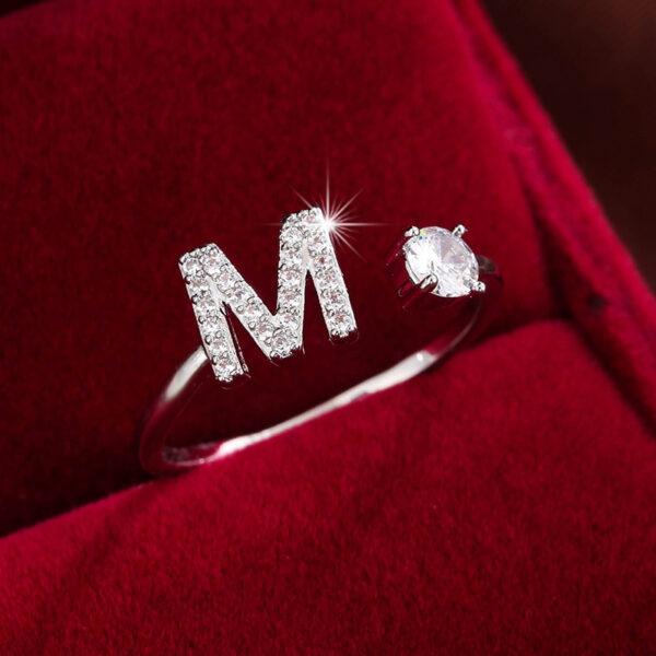 Adjustable Copper Ring With Four-claw Round Zirconia, Featuring The 26 English Letters Of Fashion Trend. - Image 5