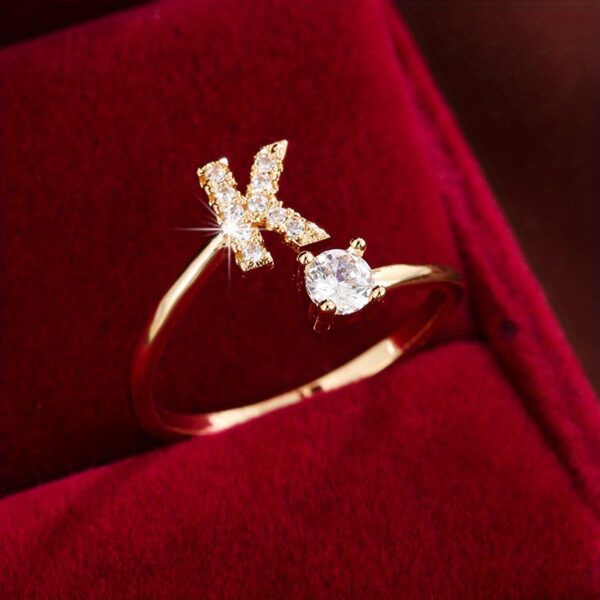 Adjustable Copper Ring With Four-claw Round Zirconia, Featuring The 26 English Letters Of Fashion Trend. - Image 25