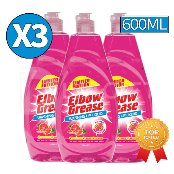 3 x Elbow Grease Pink Blush Washing Up Liquid 600ml Strong Power Degreaser Remover Perfect For Glasses Pans Plates Kitchen Home Use 3pcs Set