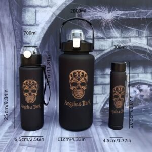 1pc/3pcs 300ML+700ML+2000ml Halloween Skull Water Cup, Leak-proof Inspirational Sports Water Bottle, with Straw and Time Mark, Flip Lid Durable, Very Suitable for Office, School, Gym and Exercise, Outdoor Large Capacity Water Bottle, Halloween Decoration, Holiday Gift