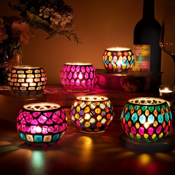 6-Piece Mosaic Glass Votive Candleholder Set - Handmade Stained Glass Tealight Holders for Tabletop Decor, Ideal for Christmas, Thanksgiving, Father's Day, Mother's Day & Graduation - Image 2