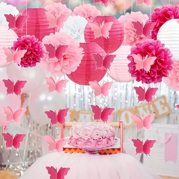 19pcs Pink Paper Lanterns, Pink Pom Poms, Pink Butterfly Garlands, Hanging Paper Balls, Lanterns, Garlands, Wedding Party Background Decoration, Suitable for Wedding Party Bride Bedroom Decoration, Wedding Banquet Decoration, Anniversary Decoration, Birth - Image 4
