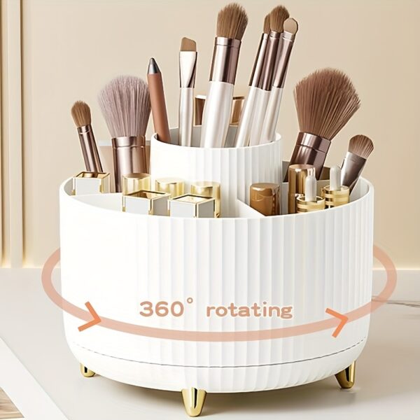 360° Rotating Makeup Organizer - 1pc Plastic Cosmetic Storage with 5 Compartments - Multi-Functional Holder for Brushes, Lipsticks, Skin Care Products, and Stationery - Durable Unscented Desk Caddy with Luxury Stripe Design - Image 3