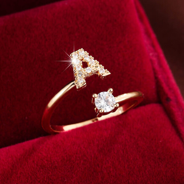 Adjustable Copper Ring With Four-claw Round Zirconia, Featuring The 26 English Letters Of Fashion Trend. - Image 11