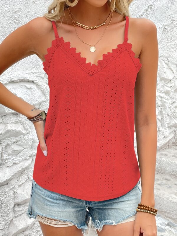 Eyelet Contrast Lace Cami Top, Casual V-neck Spaghetti Strap Top For Summer, Women's Clothing For Coquette/Cute/Y2K Style - Image 7