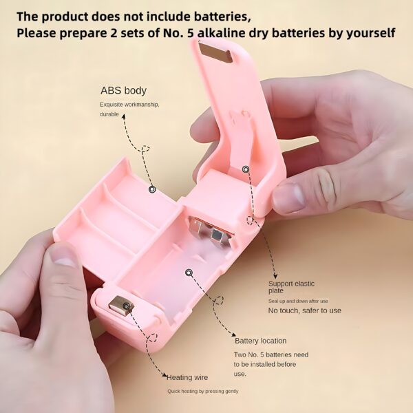 1pc Mini Handheld Snack Sealer – Compact ABS Plastic Bag Sealer for Freshness, Easy-to-Use Kitchen Gadget in White/Pink, Battery Operated (AA Batteries Not Included), Mini Bag Sealer - Image 5