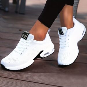 Women's Air Cushion Sneakers, Flying Woven Shock Absorbing Running Shoes, Lace Up Comfortable Outdoor Sports Shoes