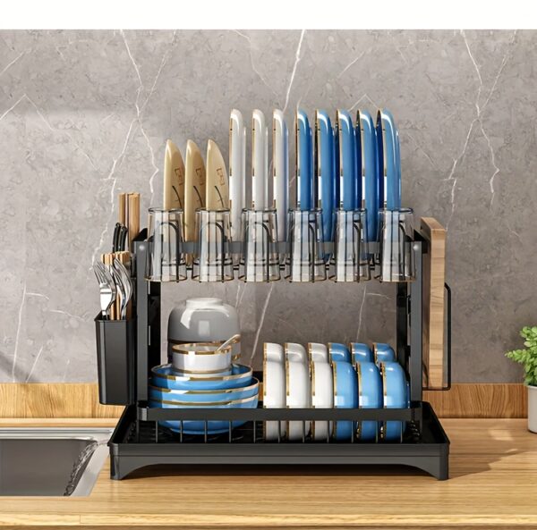 1pc Dish Drying Rack for Kitchen Counter Over The Sink, Detachable Larger Capacity 2-Tier Dish Drying Rack Drainboard with Double-Layer Bowl Rack, Cup Rack, Drain Board, Sticky Board Rack, Cutlery Rack, Black & White - Image 21