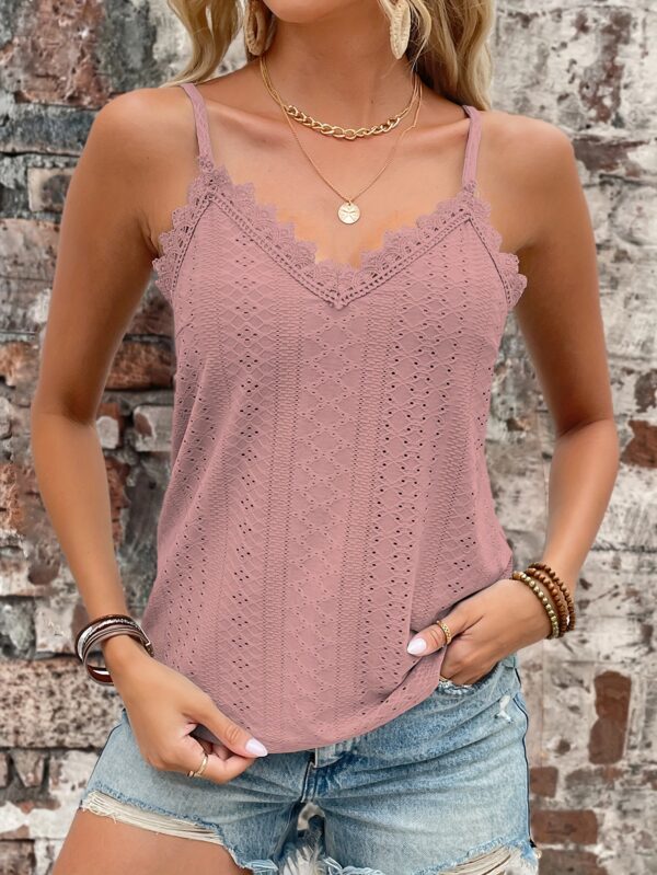Eyelet Contrast Lace Cami Top, Casual V-neck Spaghetti Strap Top For Summer, Women's Clothing For Coquette/Cute/Y2K Style - Image 22