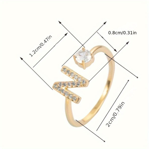 Adjustable Copper Ring With Four-claw Round Zirconia, Featuring The 26 English Letters Of Fashion Trend. - Image 6