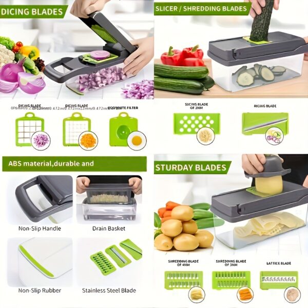 16pcs/Set Multifunctional Vegetable Chopper, Onion Mincer Cutter With Container, Interchangeable Blades, Household Potato Shredder, Fruit Slicer, Veggie Slicer, Kitchen Accessories - Image 7