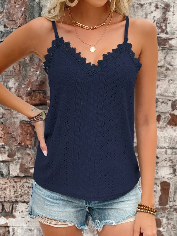 Eyelet Contrast Lace Cami Top, Casual V-neck Spaghetti Strap Top For Summer, Women's Clothing For Coquette/Cute/Y2K Style - Image 6