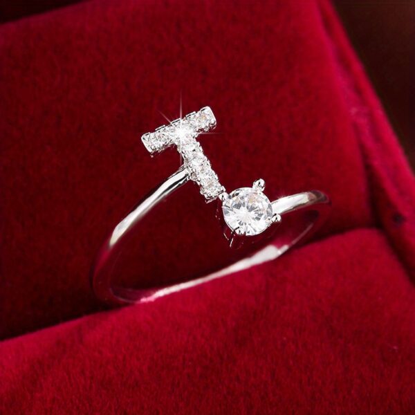 Adjustable Copper Ring With Four-claw Round Zirconia, Featuring The 26 English Letters Of Fashion Trend. - Image 56