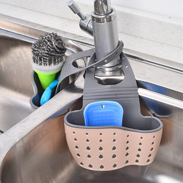 1pc Adjustable Sink Sponge Holder - Space-Saving Kitchen Organizer with Drain Basket, Beige & Gray, Perfect for Sponges, Brushes, and Small Items, Easy Faucet Installation - Image 3