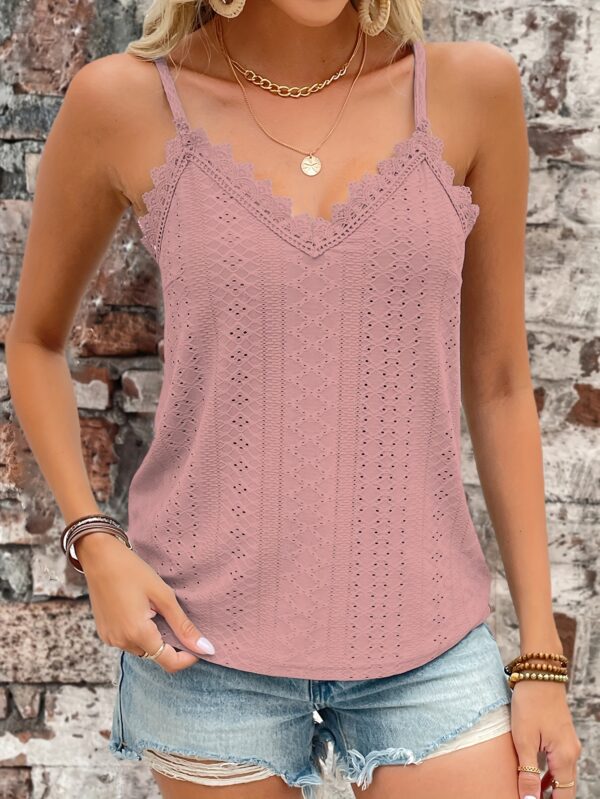 Eyelet Contrast Lace Cami Top, Casual V-neck Spaghetti Strap Top For Summer, Women's Clothing For Coquette/Cute/Y2K Style - Image 20