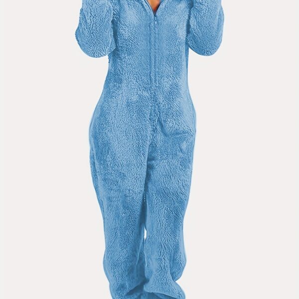 Fuzzy Hooded Pajama Jumpsuit For Music Festival, Comfy & Cute Long Sleeve Zipper Pajamas, Women's Lingerie & Sleepwear - Image 16