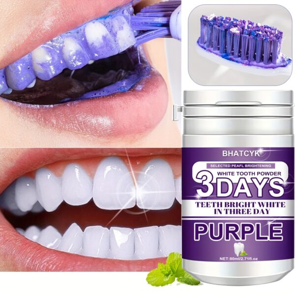 Purple Teeth Whitening Powder, Deep Cleaning Formula, Fresh Mint Flavor For Daily Oral Care, Travel Size