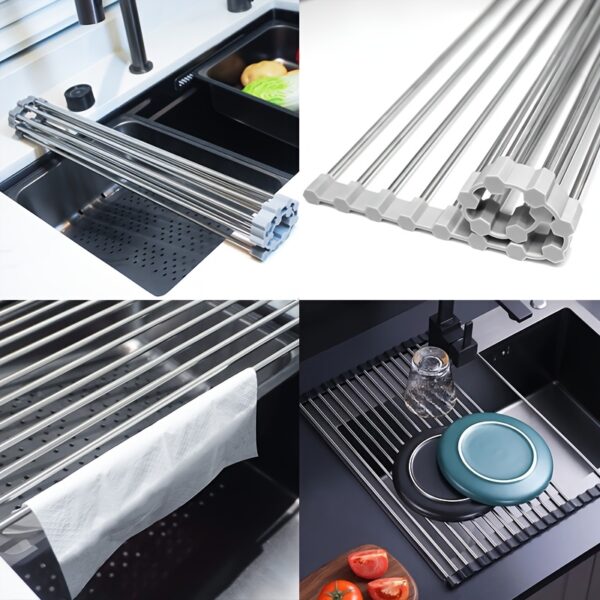 1pc Deluxe Roll-Up Stainless Steel Dish Drying Rack - Space-Saving, Multifunctional, Over-The-Sink Design, Portable, Rollable, Anti-Rust, Easy to Clean, Kitchen Sink Organizer, Tool, and Mat - Perfect for Small Kitchens, Dish Drying Rack|Modern Kitchen Ac - Image 9
