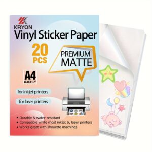 20 Sheets A4 210x297mm (8.3x11.7") Premium Printable Vinyl Sticker Paper - Matte White Waterproof, Fast-Drying Inkjet Stickers with Vivid Colors, Tear-Resistant & Fade-Proof for Laminated Documents, Labels, Crafts, Durable Labeling | Professional Grade |