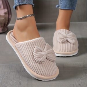 Winter Cozy Soft Sole Cute Bowknot Fuzzy Slippers, Comfy Closed Toe Plush Shoes for Home