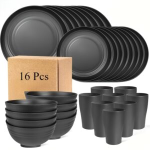 16pcs/set of indestructible plates, shatterproof tableware set, microwave dishwasher safe, reusable tableware, black set of 8 plates, 4 bowls, 4 cups - suitable for camping and daily use