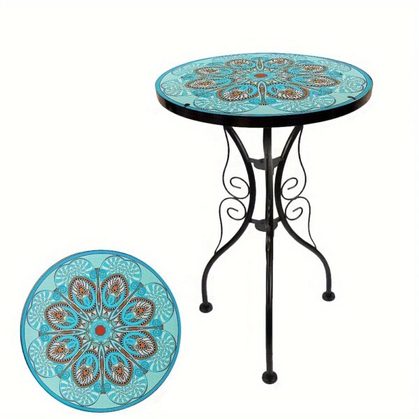 Glass Top Round Pedestal Table Set for Outdoor Patio Balcony - Decorative Mosaic Design, Durable Stained Glass Coffee Tables - Image 9