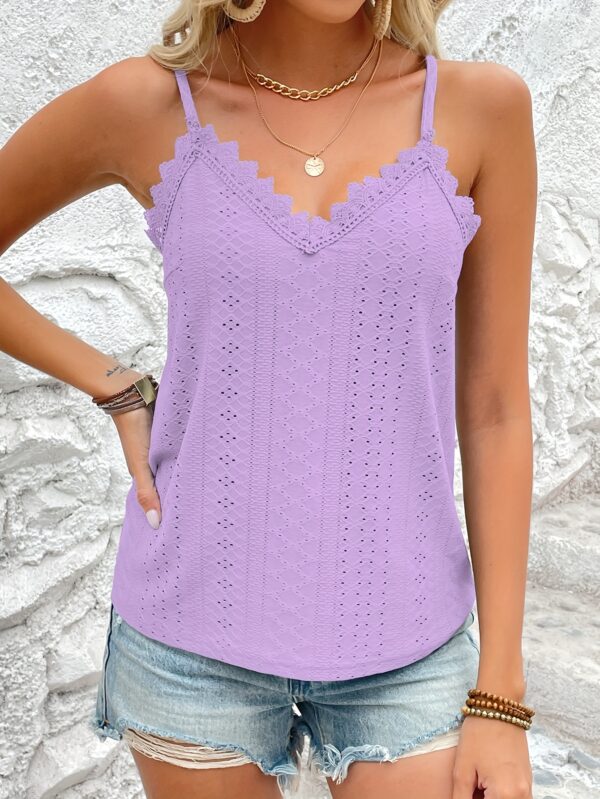 Eyelet Contrast Lace Cami Top, Casual V-neck Spaghetti Strap Top For Summer, Women's Clothing For Coquette/Cute/Y2K Style - Image 2