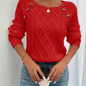 Long Sleeve Cable Knit Sweater, Casual Crew Neck Sweater, Women's Clothing