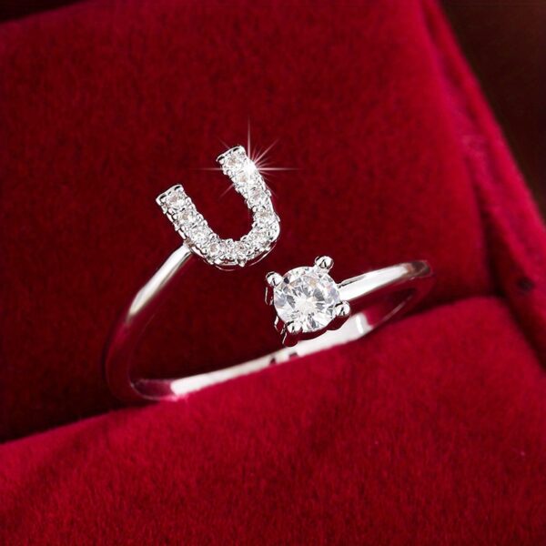 Adjustable Copper Ring With Four-claw Round Zirconia, Featuring The 26 English Letters Of Fashion Trend. - Image 57