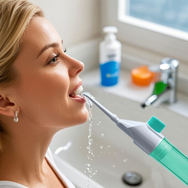 Portable Manual High-Pressure Water Flosser - Battery-Free Interdental Cleaner with Teal Reservoir, Ergonomic Handle & Compact Design for Deep Cleaning, Freshens Breath - Oral Care Essential for All, Travel-Friendly, Modern Dental Tool, Userfriendly Desig - Image 3