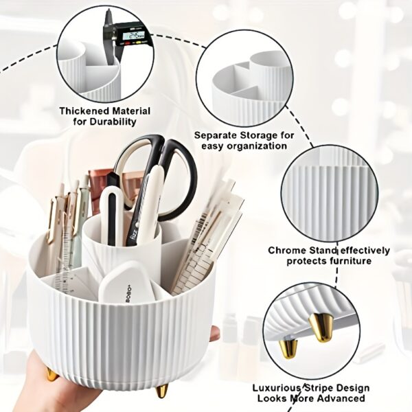 360° Rotating Makeup Organizer - 1pc Plastic Cosmetic Storage with 5 Compartments - Multi-Functional Holder for Brushes, Lipsticks, Skin Care Products, and Stationery - Durable Unscented Desk Caddy with Luxury Stripe Design - Image 4