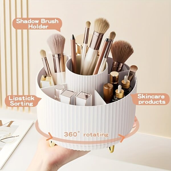 360° Rotating Makeup Organizer - 1pc Plastic Cosmetic Storage with 5 Compartments - Multi-Functional Holder for Brushes, Lipsticks, Skin Care Products, and Stationery - Durable Unscented Desk Caddy with Luxury Stripe Design - Image 5