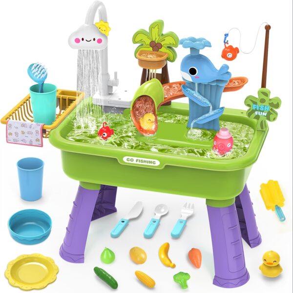 Water Table - Outdoor Sensory Play Table with Water Pump, Running Water Faucet & Sand Play Table, Role Play Table - Pink/Blue/Green - Image 3