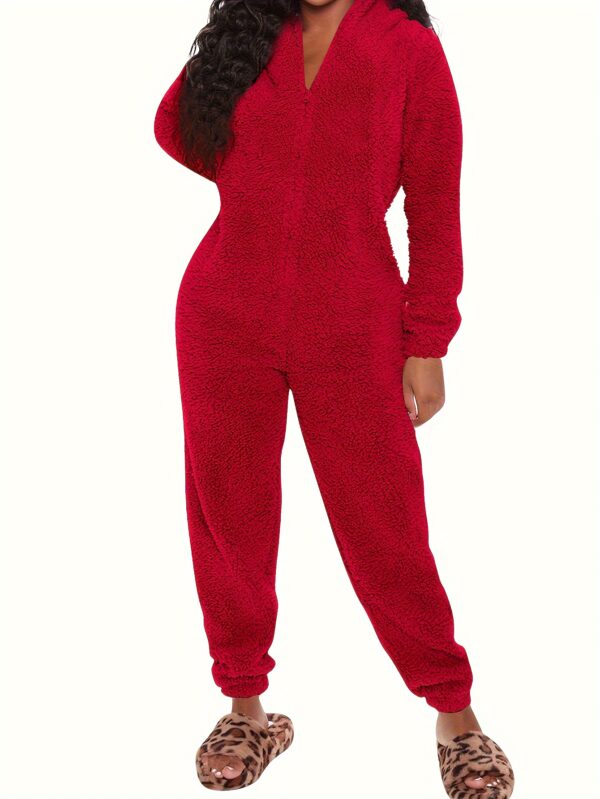 Fuzzy Hooded Pajama Jumpsuit For Music Festival, Comfy & Cute Long Sleeve Zipper Pajamas, Women's Lingerie & Sleepwear - Image 8